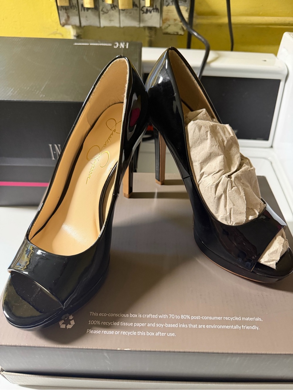 Jessica Simpson Black Patent Peep-Toe Stiletto Heels